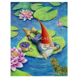 Gnome on Lily pad art print or cards